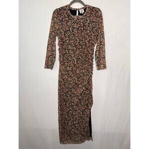 Anthropologie dRA Los Angeles Ruched Floral Midi Dress Mesh Sleeves Slit Sexy